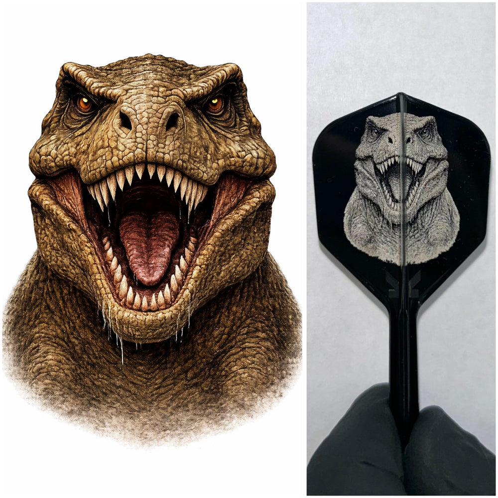 Schwarze personalisierte K-Flex Dart Flights mit lasergraviertem Dinoporträt nach Fotovorlage