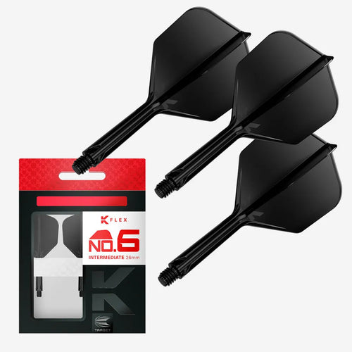 Drei schwarze Target K-Flex No.6 Dart-Flights in Intermediate 26 mm mit Verpackung