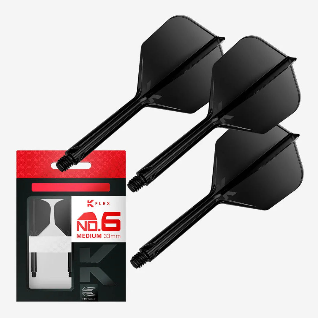 Drei schwarze Target K-Flex No.6 Dart-Flights in Medium 33 mm mit Verpackung